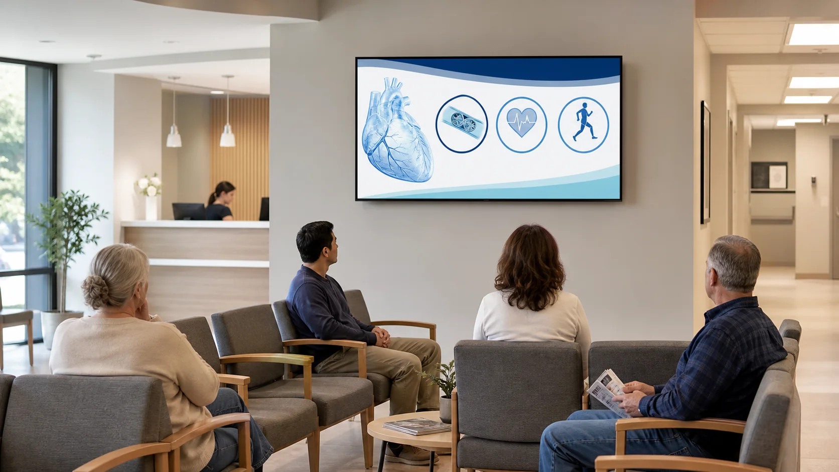 Patients watching educational content on a landscape screen in a clinic waiting room