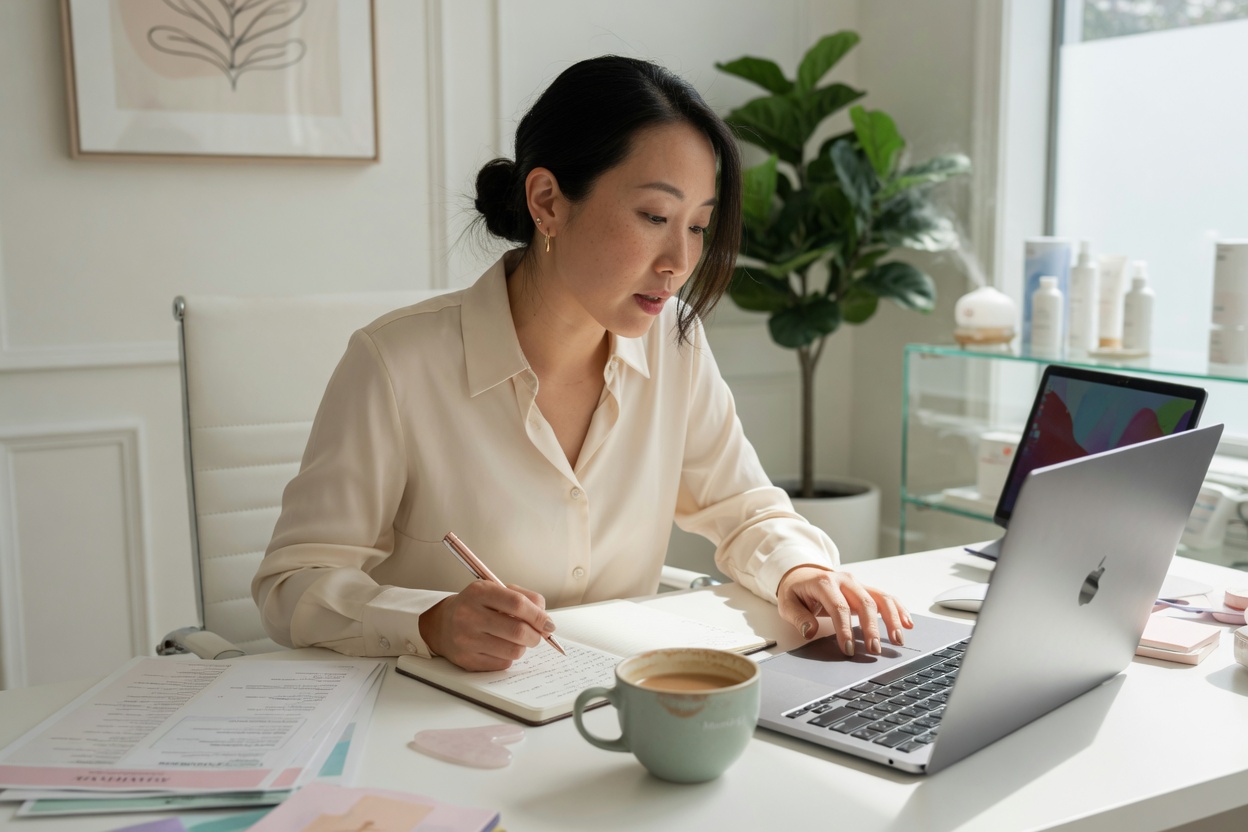 Med spa owner reviewing content at her desk