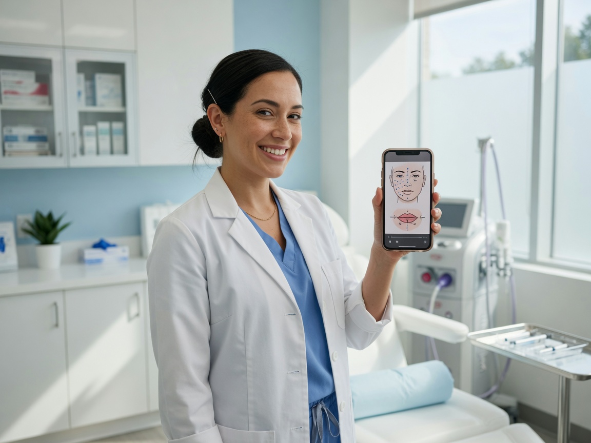 Aesthetic clinician sharing a patient-education video on her phone